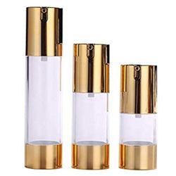 3PCS Transparent With Gold Cap Airless Pump Lotiono Bottle Vacuum Press Jars Pot Vial Container For Serums Makeup Foundations Cosmetic Emulsion Lotion Cream Liquid(15ML /0.5 oz)