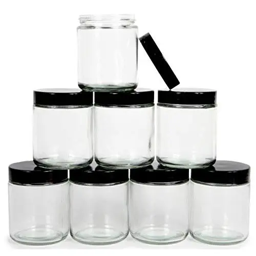 Bouteilles en verre rond, 8 oz (237 ml), Clear, Vivaplex, avec couvercles noirs - Pack de 8 Bouteilles en verre rond, 8 oz (237 ml), Clear, Vivaplex, avec couvercles noirs - Pack de 8