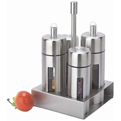 DUDDP Storage Spice lar set Spice Jar 4pieces/set, salt and pepper mill set Stainless-Steel Salt Pepper Shaker, seasoning Bottle Silver