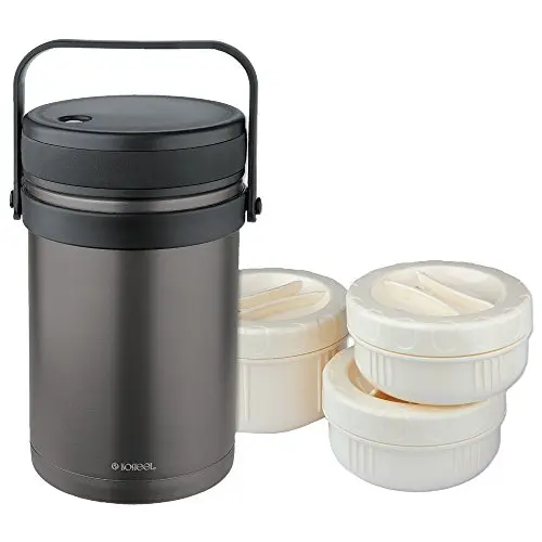 Conteneur en acier inoxydable double paroi VA-9683AT 51 oz (1,475 ml) avec revêtement de couleur gris titane, incluant 3 contenants en plastique. Conteneur en acier inoxydable double paroi VA-9683AT 51 oz (1,475 ml) avec revêtement de couleur gris titane, incluant 3 contenants en plastique.