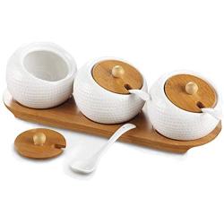 DUDDP Storage Spice lar set Modern Design Porcelain Jar Bamboo Lid,Ceramic Serving Spoon, Bamboo Tray Perfect Canister for Sugar Bowl Serving Tea, Coffee, Spice Best Pottery Cruet Pot for Your Home, K