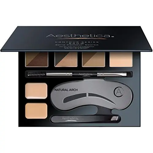 Aesthetica Augenbrauen Kontur Set – 16-teilige Augenbrauen-Makeuplösung – 6 Augenbrauenpuder, 5 Stencils, Duo-Pinsel/Spachtel, Pinzette, Augenbrauenwachs, Highlighter, Concealer & Anleitung
