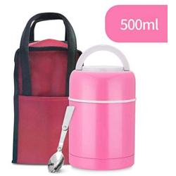 Thermos Food Jar Thermos Stainless Food Flask,Leakproof Vacuum Insulated Food Containers Lunch Box With Folding Spoon,Storage Bag (Color : Pink, Size : 500ml)