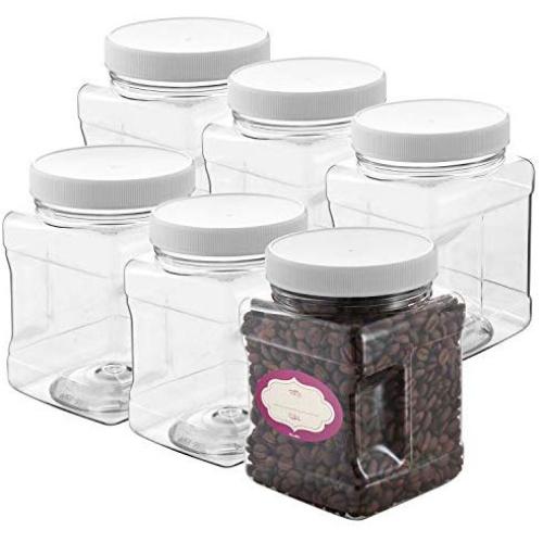 Clear Empty Plastic Storage containers with Lids - Square Plastic Containers - Plastic Jars with Lids ? BPA Free Plastic Jar - Food Grade Air Tight with Easy Grip Handles (6 Pack 32 Oz)