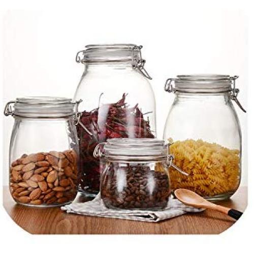 Reinforced Glass Canning Jar Wide Mouth Food Storage Jar With Lock Button Lid Leakproof Food Container Fruit Jar Dishwash Safe,2000Ml