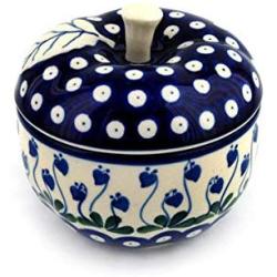 Polish Pottery 4?-inch Apple Shaped Jar made by Ceramika Artystyczna (Bleeding Heart Peacock Theme) + Certificate of Authenticity