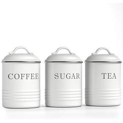 Barnyard Designs Decorative Kitchen Canisters with Lids White Metal Rustic Vintage Farmhouse Country Decor for Sugar Coffee Tea Storage (Set of 3) (4” x 6.75”)