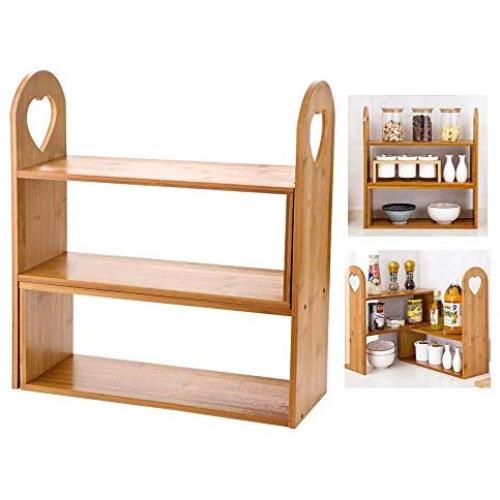 Solid Natural Bamboo Spice Rack Bottle Jars Holder, Countertop Corner Storage Organizer Free Standing with 3-Tier Adjustable Slim Display Shelf for Kitchen Bathroom Workstation