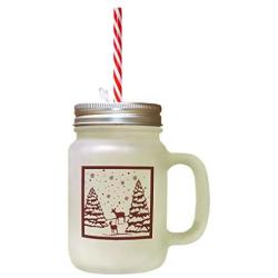 Maroon Deer With Christmas Tree Frosted Glass Mason Jar With Straw