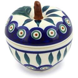 Polish Pottery 3?-inch Apple Shaped Jar (Peacock Leaves Theme) + Certificate of Authenticity