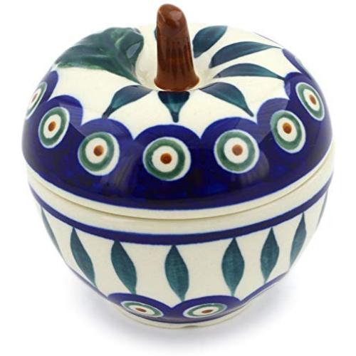 Polish Pottery 3?-inch Apple Shaped Jar (Peacock Leaves Theme) + Certificate of Authenticity
