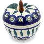 Polish Pottery 3?-inch Apple Shaped Jar (Peacock Leaves Theme) + Certificate of Authenticity