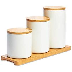 White Ceramic Kitchen Canisters, Set of Three with Real Bamboo Lids and Organizer Tray with Silicon Airtight Seals, for Dry Food Storage, Perfect for Coffee, Tea, Sugar, Spice, Candy, Cookies, Flour