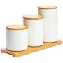 White Ceramic Kitchen Canisters, Set of Three with Real Bamboo Lids and Organizer Tray with Silicon Airtight Seals, for Dry Food Storage, Perfect for Coffee, Tea, Sugar, Spice, Candy, Cookies, Flour