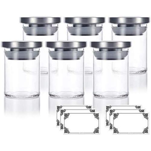 2 oz Premium Borosilicate Clear Glass Jars with Stainless Steel Silicone Sealed Lid (6 Pack) + Labels