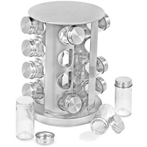 Internet’s Best Revolving Spice Tower | Round Spice Rack | Set of 16 Spice Jars | Seasoning Storage Organization | Stainless Steel