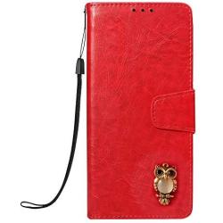 Soft PU Leather Wallet Case for Huawei Mate 20,Flip Stand Case for Huawei Mate 20,Moiky Classic Retro Red 3D Owl Design Solid Color Purse Folio Magnetic Cover with Wrist Strap