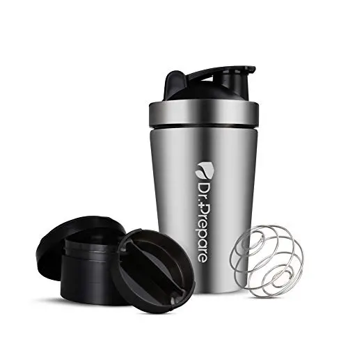 Dr. Vorbereitung Protein-Rührbecher, Edelstahl Sportwasserflasche mit BPA-freiem Griff, läufte dichleuchter, Lagerbehälter und Rührball für Fitnessstudio Silber, 20 Ounzen