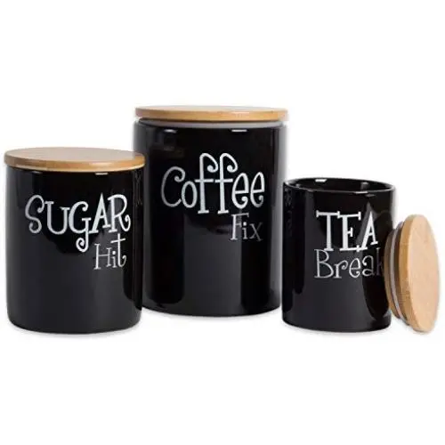 DII Modern Chic Ceramic Kitchen Canister with Bamboo Lid for Food Storage, Serve Coffee, Sugar, Tea, Spices, and More Black, Assorted Sizes: 4.5x4.5x5.5, 4x4x4.5”, 3x3x4 DII Modern Chic Ceramic Kitchen Canister with Bamboo Lid for Food Storage, Serve Coffee, Sugar, Tea, Spices, and More Black, Assorted Sizes: 4.5x4.5x5.5, 4x4x4.5”, 3x3x4