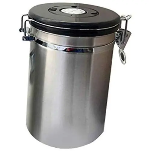Stainless Steel Airtight Canister with Co2 Vent Valve & Date Tracker Wheel and Locking Clamp for Kitchen, Coffee Ground Vault Jar, Silver, L Stainless Steel Airtight Canister with Co2 Vent Valve & Date Tracker Wheel and Locking Clamp for Kitchen, Coffee Ground Vault Jar, Silver, L
