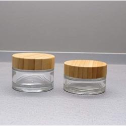 1Pcs Portable Transparent Glass Wide Mouth Bottle with Natural Bamboo Lid and Inner Pad Empty Refillable Sample Storage Container Dispenser Vials Jars Pots Case Holder for Cream (50g/1.7oz)