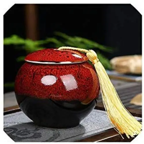 Boîte de rangement à thé en céramique, coffret à thé chinois avec pompon imprimé, pour organisation des poudres de thé ou de café, rouge Boîte de rangement à thé en céramique, coffret à thé chinois avec pompon imprimé, pour organisation des poudres de thé ou de café, rouge
