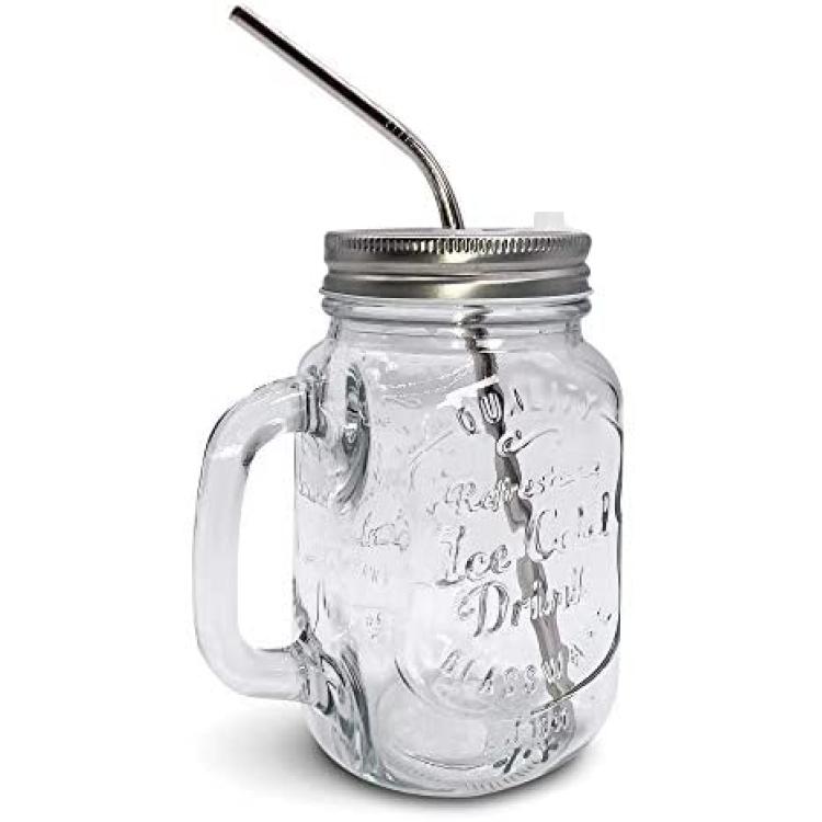 Estilo Glass Mason Jars with Handles, Lids, & Straws, 16 oz, Set of 6