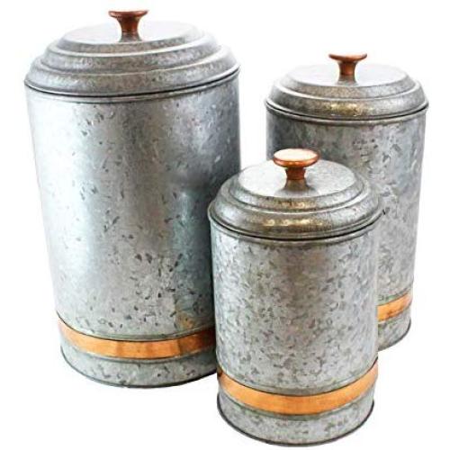 Galvanized Canisters Farmhouse Rustic Metal Set of 3 Flour Sugar Container Canister Kitchen Single Copper Band by Well Pack Box