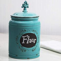 Ceramic Canister, Kitchen Jar, Food Storage Container, With Medallion Finial Lid - Aqua