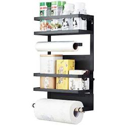 Galapara Magnetic Spice Rack Fridge Organizer, 4 Tier Home Organization and Storage, Magnetic Spice Container Paper Towel Holder, Refrigerator Side Shelf Jars Rack Storage (White, Black)
