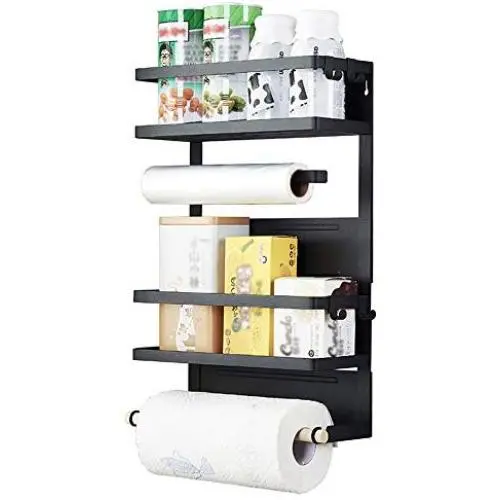 Magnetische Gewürzregal-Kühlschrank-Organizer, Galapara, 4stufig, Haushalts-Sortiersystem, Magnetische Gewürzbehälter, Küchenrollehalter, Kühlschrank-Seitenregal, Behälterregal (Weiß, Schwarz)