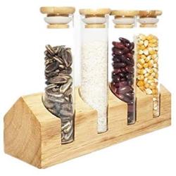 HOUSIYU Lebensmittel Lagerbehälter, Holzbasiert mit Glas-Teströhrchen, Kaffee-Bean-Tank, Kreativer Präsentationsstand, Gewürzglas-Offen-Küchenutensilien, Kleines Haus mit 4 Löchern, 3x12cm