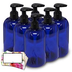 Baire Bottles - 16 Ounce Blue Plastic Bottles with Black Lotion Pumps - Organize Soap, Shampoo and Lotion - PET, Lightweight, No BPA, 6 Pack, including 6 Floral Labels