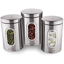 Homiu Coffee Sugar and Tea Window Canisters Set of 3 Silver