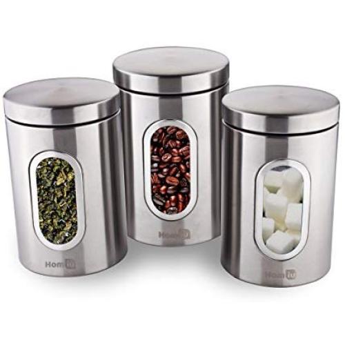 Homiu Coffee Sugar and Tea Window Canisters Set of 3 Silver