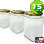 Hexagon Jars Gold Lid (15pcs, 9.0 oz) Hexagon Glass Jars with Gold Plastisol Lined Lids for Jam Honey Jelly Wedding Favors Baby Shower Favors Baby Food DIY Magnetic Spice Jars Crafts Canning Jars