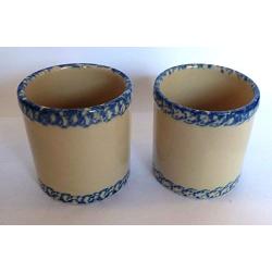 Set of 2 Gerald E. Henn Workshops Crock Canisters Roseville Sponge Ware Blue Trim