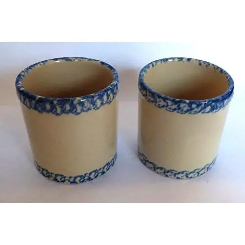 2er Satz Gerald E. Henn Workshops Crock Kannenzellen, Roseville, Spongeware, Blauer Rand