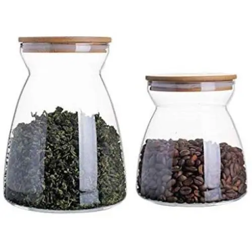 Dicht verschließbare Küchen-Lebensmitteldose, transparente Glasbehälter mit Naturbambüchwurzeldeckel, 700ml / 1100ml
