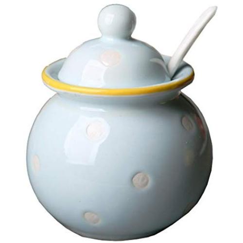 Ceramics Dot Sugar Salt Pepper Storage Jar Seasoning Pot with Lid And Spoon