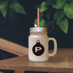 Brown&quotP" Christmas Tree Toy Monogram P Frosted Glass Mason Jar With Straw