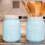 Mason Cookie Jar & Utensil Holder Set - Large Airtight Ceramic Cookie Jar - Vintage Farmhouse Utensil Holder - Rustic Decorative Air Tight Container For Cookies, Cracker, and Other Snacks (Blue)