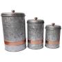 Premium Galvanized Metal Lidded Canister with Copper Band Set of Three Gray Storage