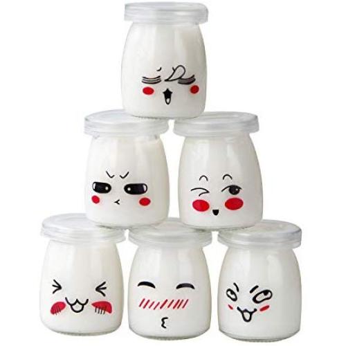 Sunormi 100ml Emoticon Design Pudding Yogurt Glass Jars With Lids 3oz,6Pcs