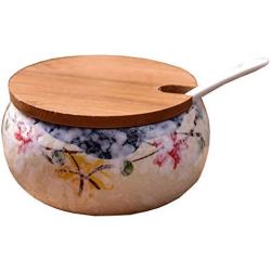 Ceramics Retro Japanese Flower Sugar Salt Pepper Storage Jar with Wood Lid And Spoon