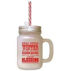 Red Winter Woolen Mittens Toasted Pecans Frosted Glass Mason Jar With Straw