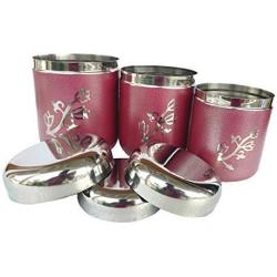 Rastogi Handicrafts Window Kitchen Canister/Tea/Sugar/coffee Storage Box/Pot Stainless Steel Set of 3 / Leaf print color box Diwali gift - EXPEDITED SHIPPING