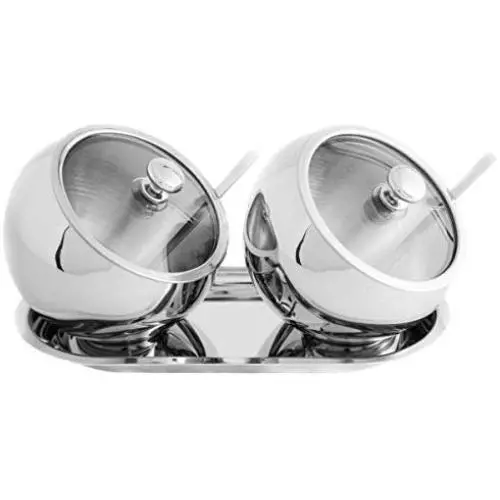 OneUp Kitchen Sugar Bowl Set with Lid Spoon and Tray for Tea and Coffee Stainless Steel Storage Container Condiment Pot Vintage Candy Jar OneUp Kitchen Sugar Bowl Set with Lid Spoon and Tray for Tea and Coffee Stainless Steel Storage Container Condiment Pot Vintage Candy Jar
