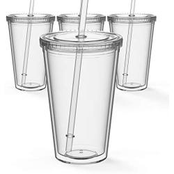 Maars Drinkware Bulk Double Wall Insulated Acrylic Tumblers with Straw and Lid (Lot of 24), 16 oz., Clear