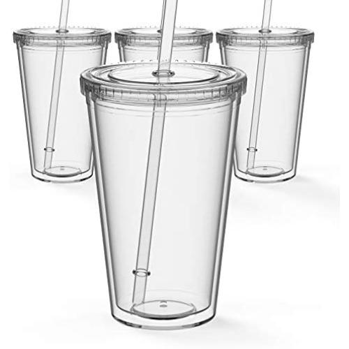 Maars Drinkware Bulk Double Wall Insulated Acrylic Tumblers with Straw and Lid (Lot of 24), 16 oz., Clear